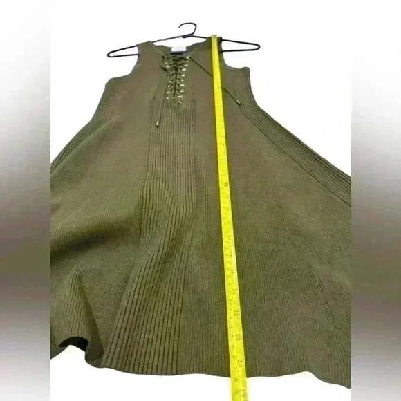 TORN BY RONNY KOBO Medium LACE UP TEXTURED FIT AND FLARE SLEEVELESS DRESS OLIVE - Picture 10 of 10